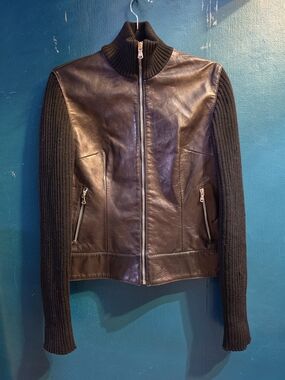 Dolce & Gabbana Women’s Black Leather Bomber Jacket Rib Knit Full Zip IT 46